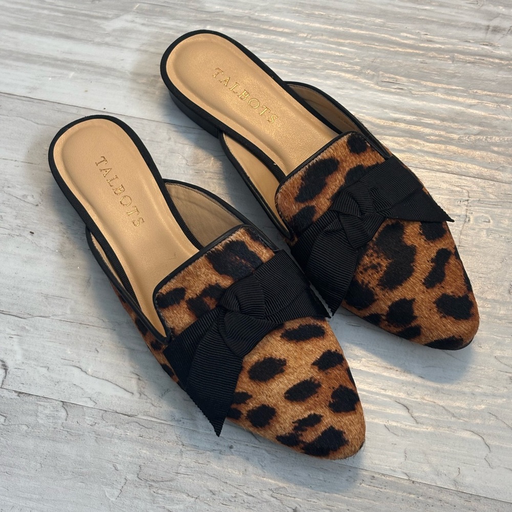 Talbots Maddie Leopard Print Calf Hair Mules with Black Bow Women’s Size 6